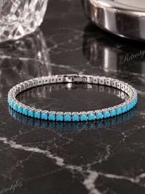 14K White Gold Womens 7" Turquoise Gemstone Tennis Bracelet 14K Silver Jewelry